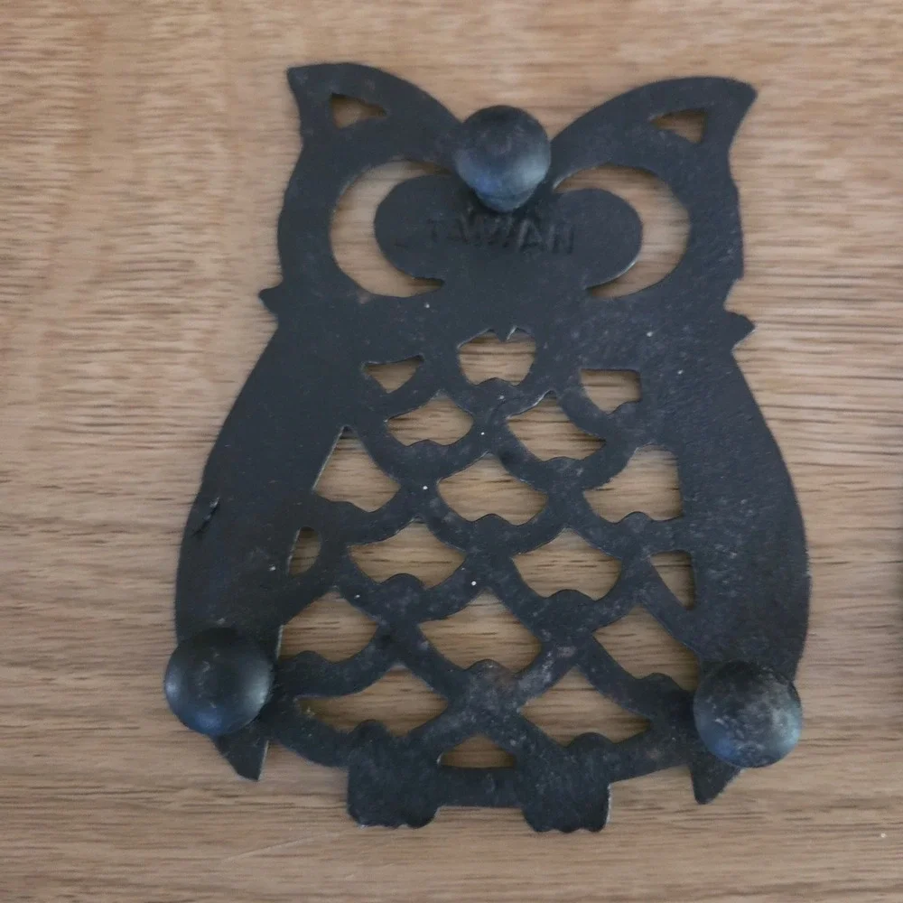 Vintage Black Cast Iron Owl‎ Trivet Set of 2 Mid Century Modern Kitchen Decor